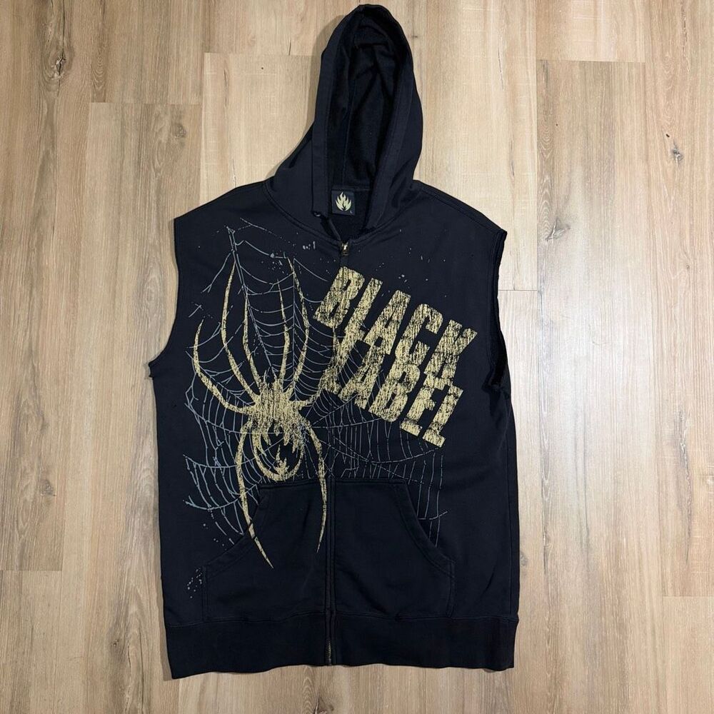 Vintage Black Label Skateboard Brand Sleeveless Y2K Black Hoodie Sz L Grunge Alt
